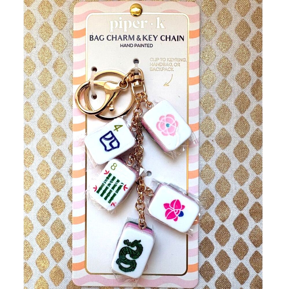 NWT Piper K Hand Painted Mahjong Tile Bag Charm & Key Chain Gold Tone